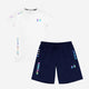 White (T-shirt) and Blue (Shorts)